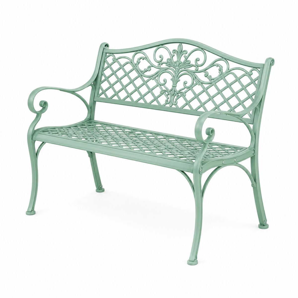 Gartenbank 120×60×92 cm aus Metall in Mintgrün mit Ornamenten für den Außenbereich