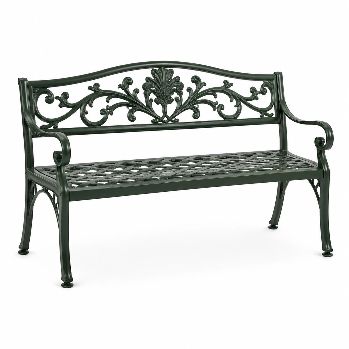 Gartenbank 122×61×92 cm aus Metall in Dunkelgrün mit Ornamenten