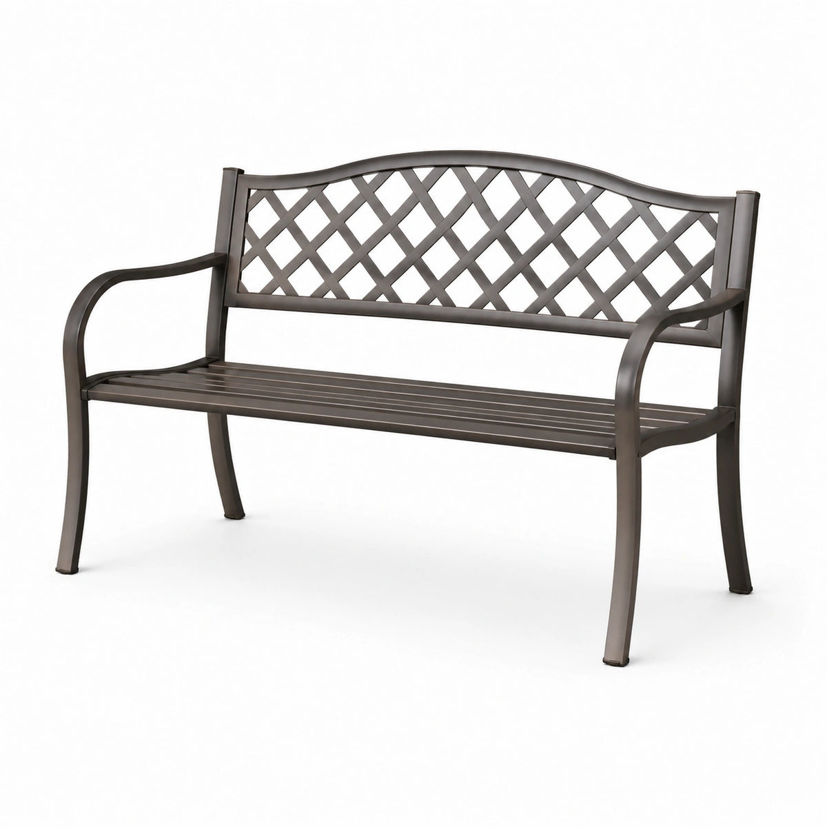 Gartenbank 120×60×90 cm aus Metall in Dunkelbraun mit Gitterrückenlehne