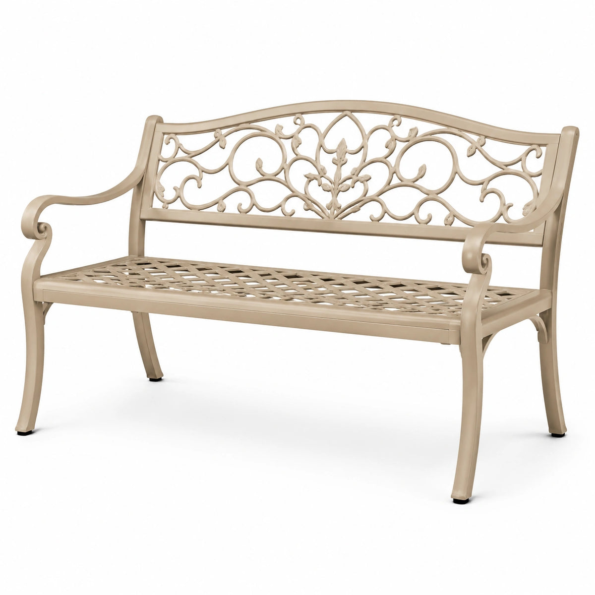 Gartenbank 120 x 60 x 90 cm aus Metall in Beige mit Ornamenten