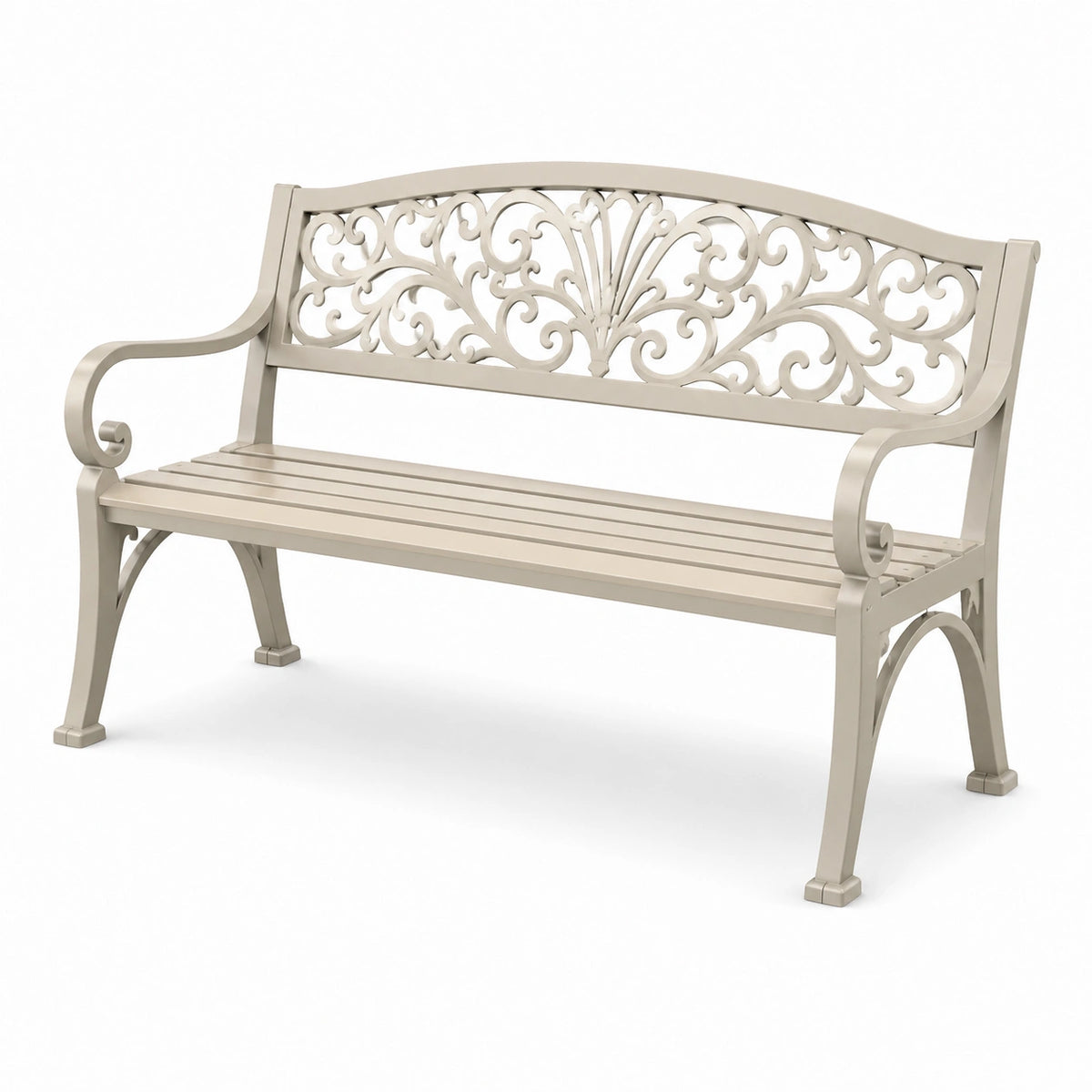 Gartenbank 120 x 60 x 90 cm aus Metall in Cremeweiß mit Rückenlehne im Landhausstil