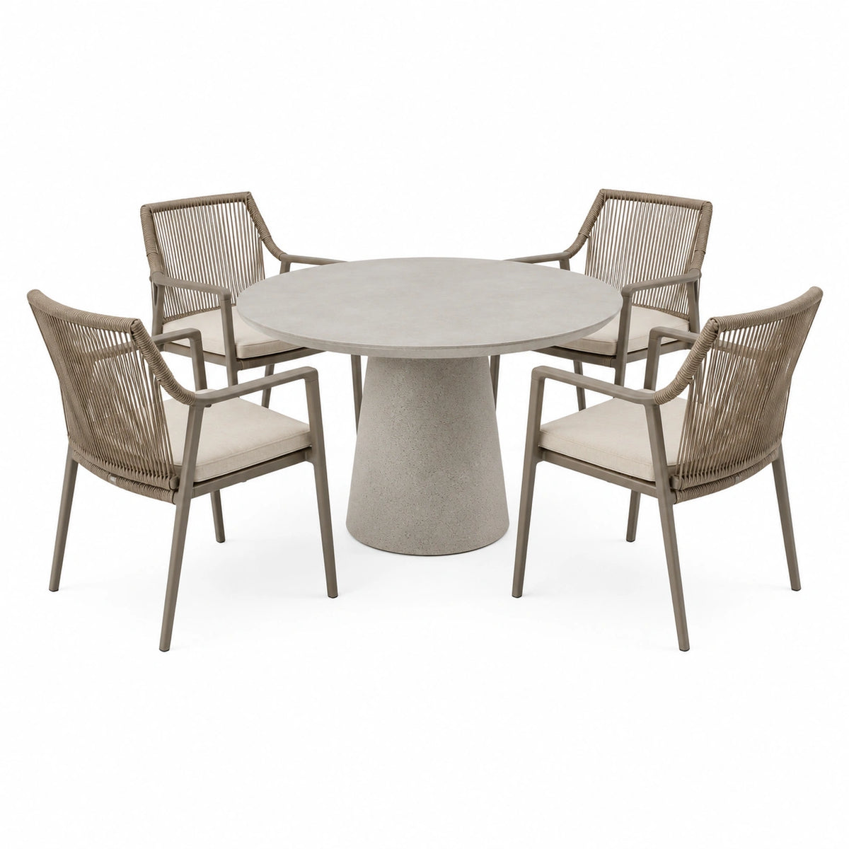 Garten-Essgruppe 120×75 cm in Taupe mit Seilgeflecht und rundem Tisch für Terrasse