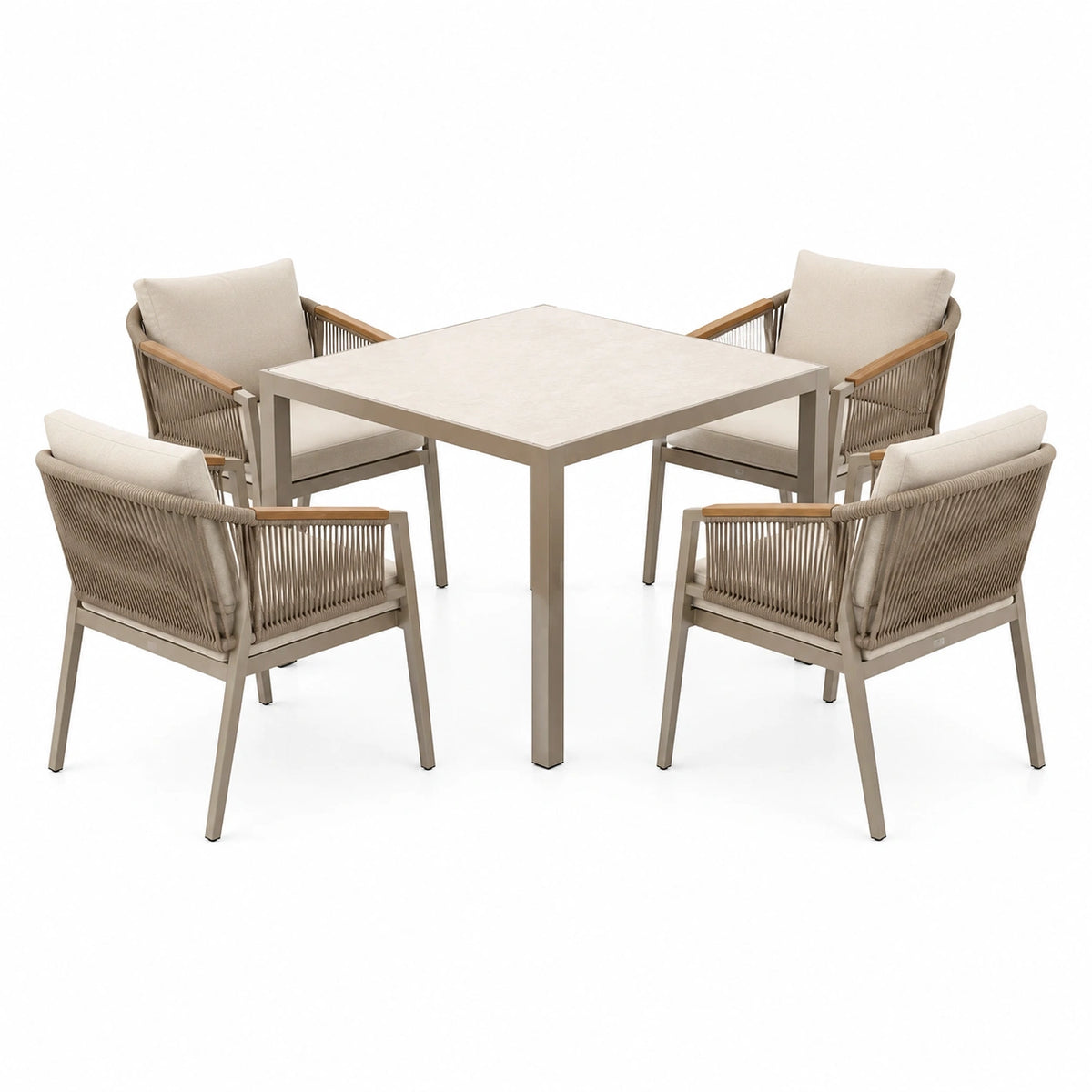 5-teiliges Garten-Essgruppen Set 90×90 cm Beige Metall Seilgeflecht mit quadratischem Tisch