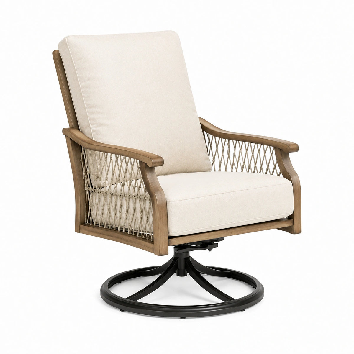 Drehsessel 78 x 86 x 98 cm Holz Beige mit Seilgeflecht für den Wohnbereich